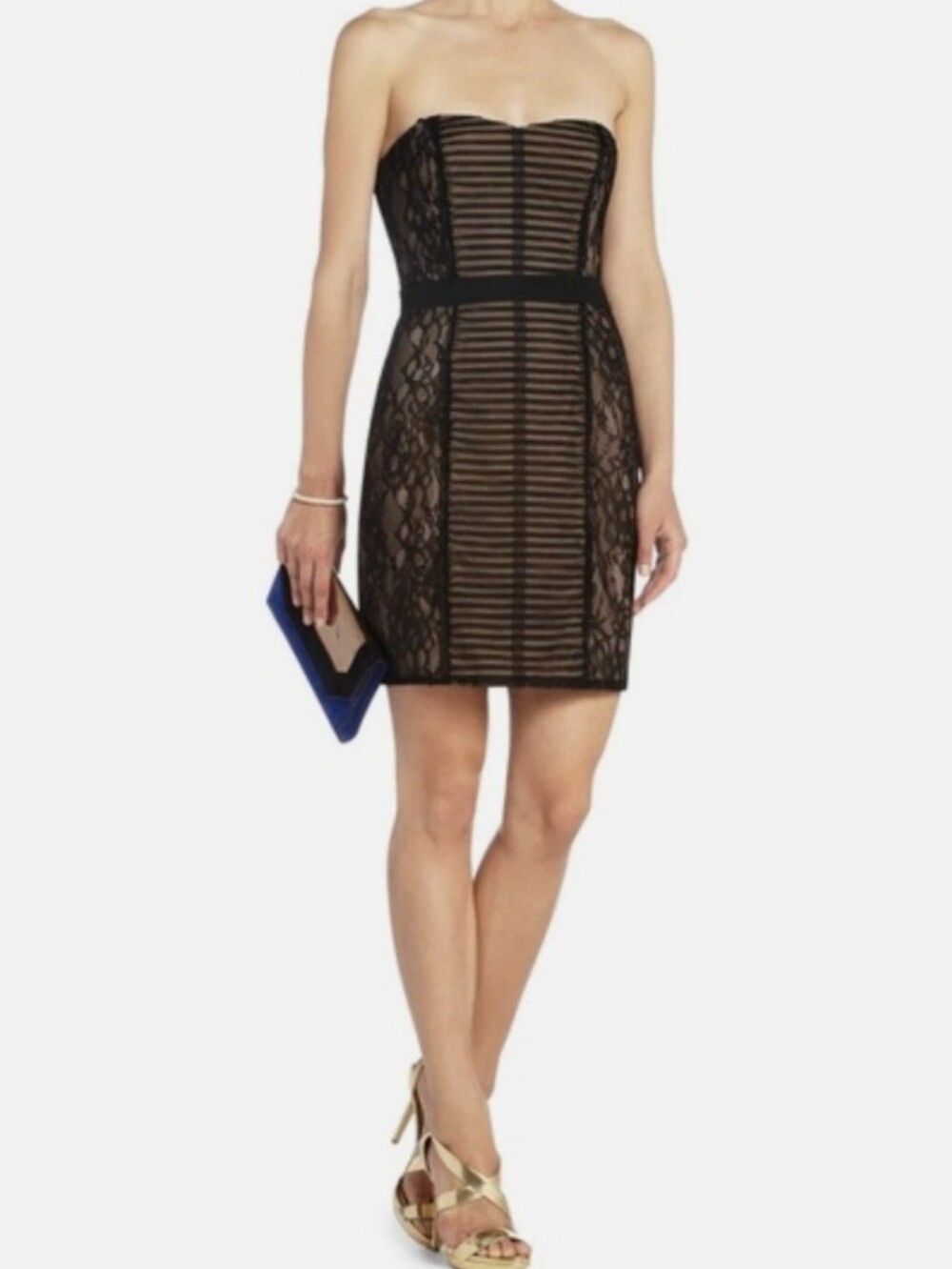 Size 8 Black/Tan Lace and Mesh Cocktail Dress w/ Belt BCBG Maxazria